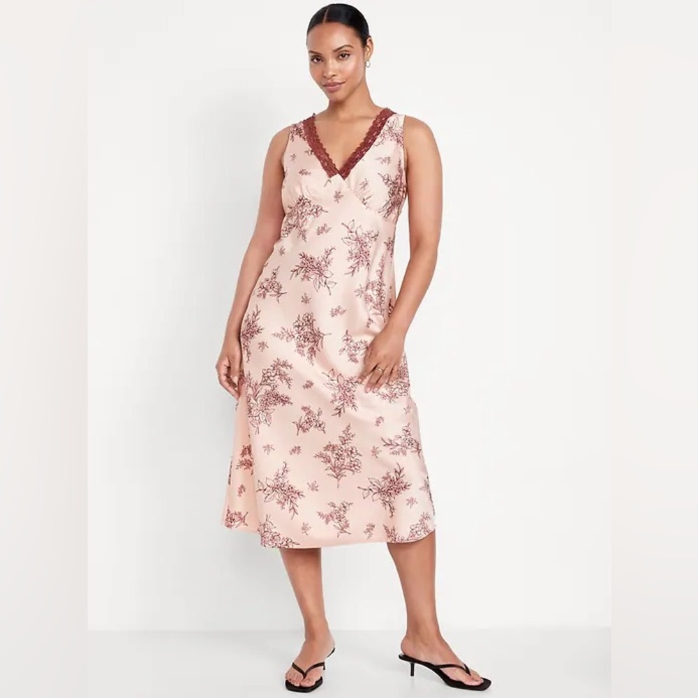 Pink Floral Satin Lace Trim Midi Dress Romantic Coquette NWT Slip Blush - Picture 4 of 9